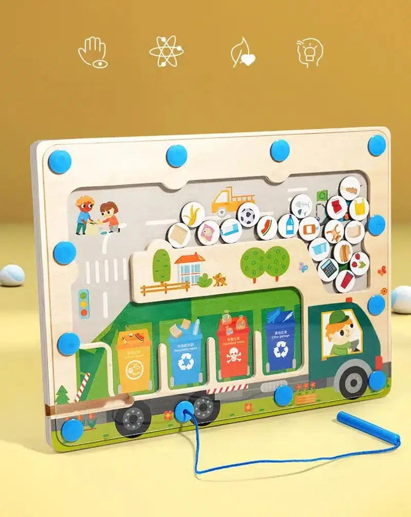 Fidtoy Magnetic Pickup Truck Board – Montessori Maze Toy for Preschoolers’ Fine Motor and Recycling Skills