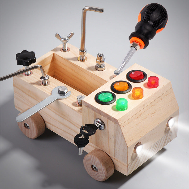 Montessori Wooden FIRE Truck Screwdriver Board with tool kit set Bolts and nuts Cogs LED Switches