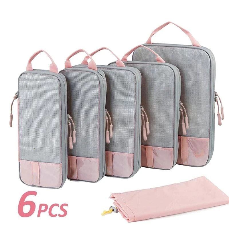Foviel T1 Compression Packing Cubes for Travel Luggage, 6 Pcs Expandable Packing Organizers Foldable Lightweight Suitcase Storage Bags for Travel Accessories, Women Men, Baby Pink