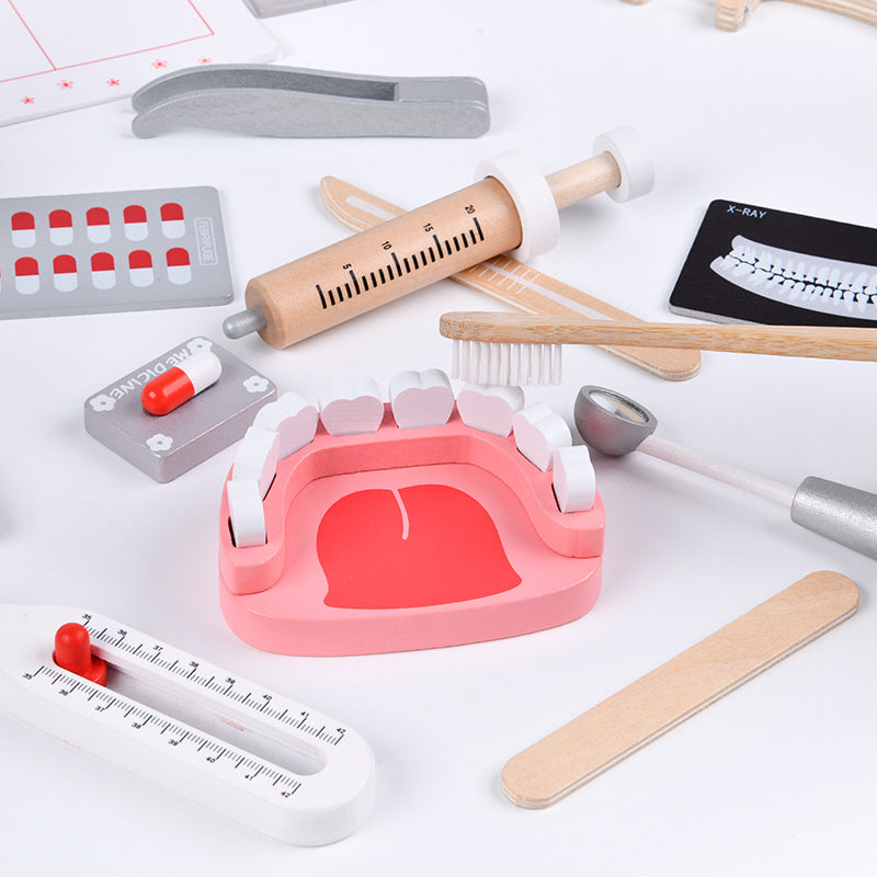 Trousse de docteur en bois pour enfants avec sac médical, kit de premiers secours rouge