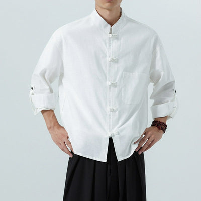 Buddha Stones Spring Fall Tang Style Minimalist Frog Button Mandarin Collar Solid Men's Long Sleeve Shirts With Pocket - White - US/UK/AU46，EU56 (5XL) - image 21