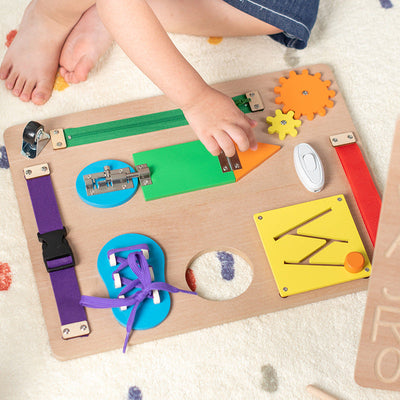 Montessori Wooden Busy Board Zipping, shoeslace, doors with ABC Tracing Pastel Busy Board Toy