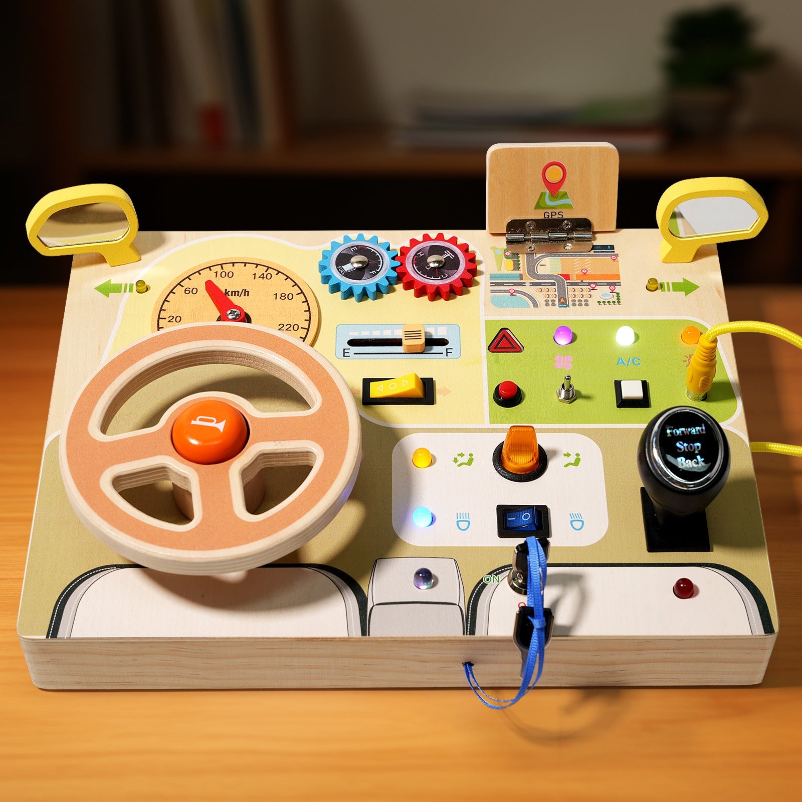Deluxe Childrens Busy Board LED driving theme light buttons and dials