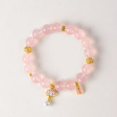 Buddha Stones Natural Rose Quartz Clear Quartz Lotus Charm Love Bracelet - 10mm (Wrist Circumference: 5.5–5.9 in/14–15 cm) - image 0