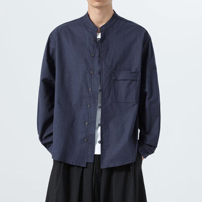 Buddha Stones Fall Minimalist Tang Style Mandarin Collar Patch Pocket Solid Men's Long Sleeve Shirts With Pocket - MidnightBlue - US/UK/AU46，EU56 (5XL) - image 12