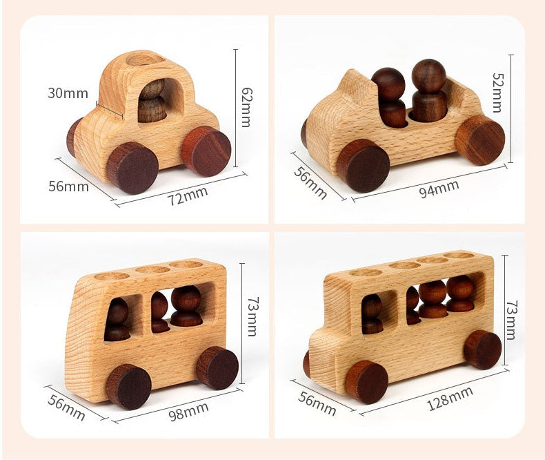 Wooden Toy Cars and Peg Doll Drivers Natural Set of 4