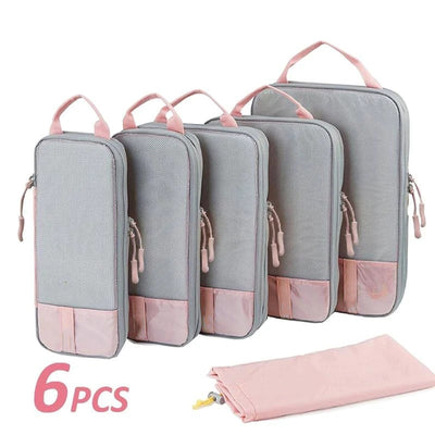 Foviel T1 Compression Packing Cubes for Travel Luggage, 6 Pcs Expandable Packing Organizers Foldable Lightweight Suitcase Storage Bags for Travel Accessories, Women Men, Baby Pink