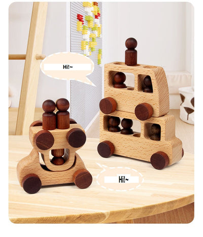 Wooden Toy Cars and Peg Doll Drivers Natural Set of 4