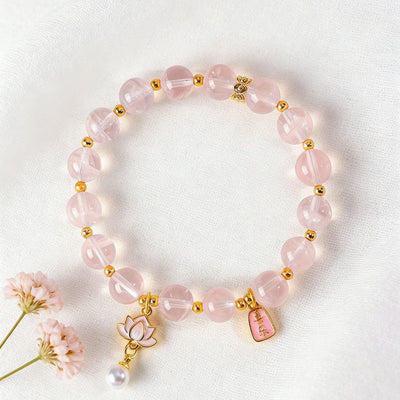 Buddha Stones Natural Rose Quartz Clear Quartz Lotus Charm Love Bracelet - image 12