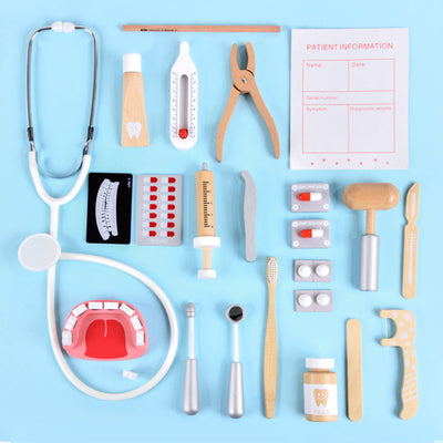 Trousse de docteur en bois pour enfants avec sac médical, kit de premiers secours rouge
