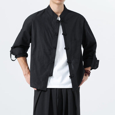 Buddha Stones Spring Fall Tang Style Minimalist Frog Button Mandarin Collar Solid Men's Long Sleeve Shirts With Pocket - image 10