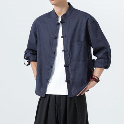 Buddha Stones Spring Fall Tang Style Minimalist Frog Button Mandarin Collar Solid Men's Long Sleeve Shirts With Pocket - image 3