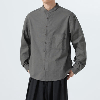 Buddha Stones Fall Minimalist Tang Style Mandarin Collar Patch Pocket Solid Men's Long Sleeve Shirts With Pocket - image 3