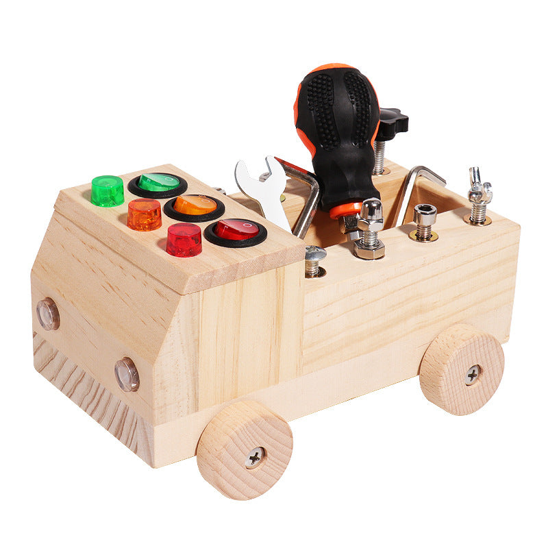 Montessori Wooden FIRE Truck Screwdriver Board with tool kit set Bolts and nuts Cogs LED Switches