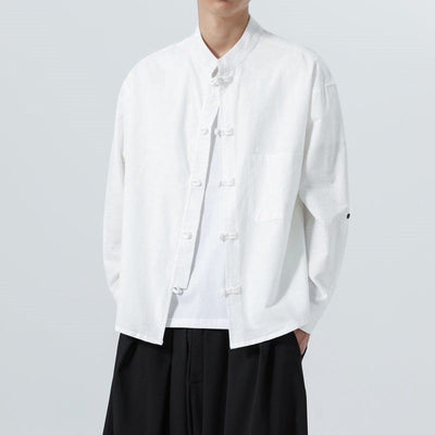 Buddha Stones Spring Fall Tang Style Minimalist Frog Button Mandarin Collar Solid Men's Long Sleeve Shirts With Pocket - image 26