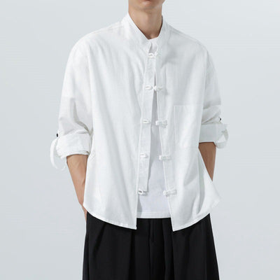 Buddha Stones Spring Fall Tang Style Minimalist Frog Button Mandarin Collar Solid Men's Long Sleeve Shirts With Pocket - image 23