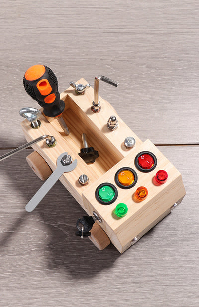 Montessori Wooden FIRE Truck Screwdriver Board with tool kit set Bolts and nuts Cogs LED Switches