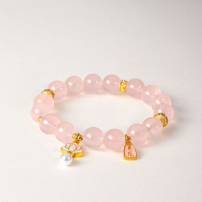 Buddha Stones Natural Rose Quartz Clear Quartz Lotus Charm Love Bracelet - image 2