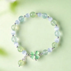 Buddha Stones Prehnite Rose Quartz Blue Chalcedony Lucky Clover Love Bracelet - Prehnite Fluorite (Wrist Circumference: 5.5–5.9 in/14–15 cm) - image 0