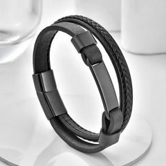 Buddha Stones Braided Design Leather Double Layer Bracelet - Black - image 0