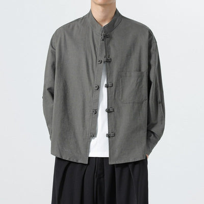 Buddha Stones Spring Fall Tang Style Minimalist Frog Button Mandarin Collar Solid Men's Long Sleeve Shirts With Pocket - DimGray - US/UK/AU46，EU56 (5XL) - image 14