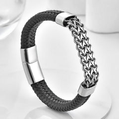 Buddha Stones Black Leather Braided Pattern Strength Chain Buckle Bracelet - 7.1–7.9 in / 18–20 cm - image 0