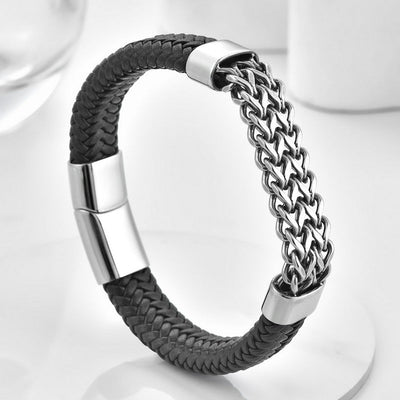 Buddha Stones Black Leather Braided Pattern Strength Chain Buckle Bracelet - 7.1–7.9 in / 18–20 cm - image 0