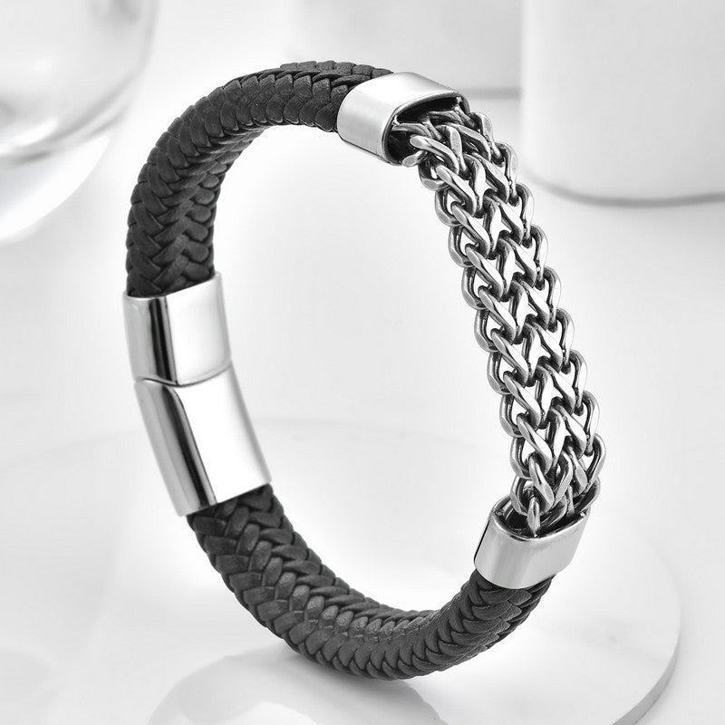 Buddha Stones Black Leather Braided Pattern Strength Chain Buckle Bracelet - 7.1–7.9 in / 18–20 cm - image 0