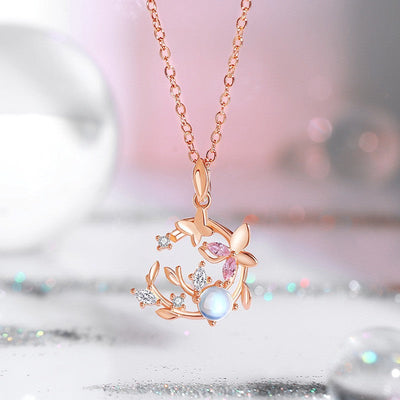 Buddha Stones 925 Sterling Silver Moonstone Butterfly Transformation Wreath Necklace - Wreath Butterfly Necklace - image 0