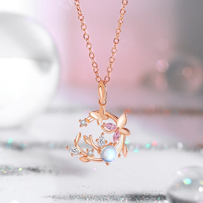 Buddha Stones 925 Sterling Silver Moonstone Butterfly Transformation Wreath Necklace - Wreath Butterfly Necklace - image 0