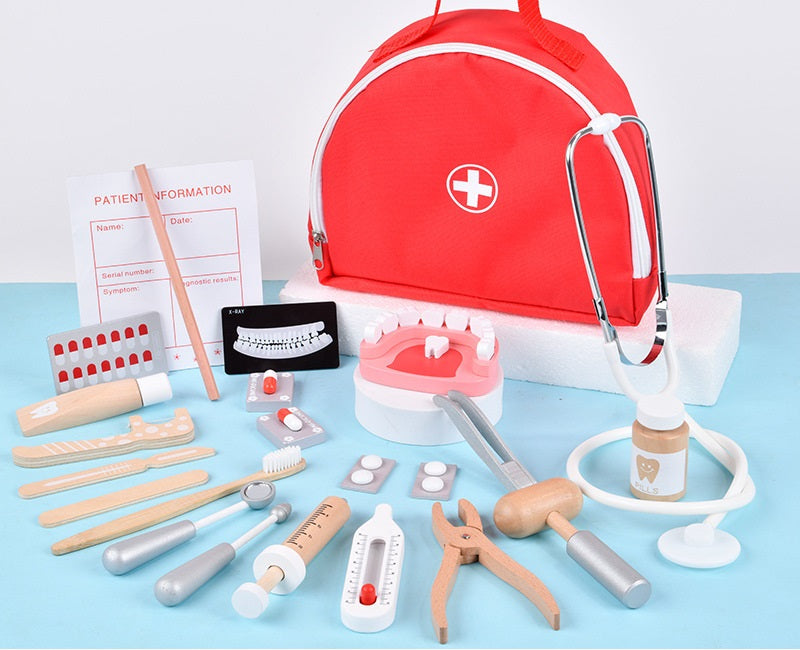 Trousse de docteur en bois pour enfants avec sac médical, kit de premiers secours rouge