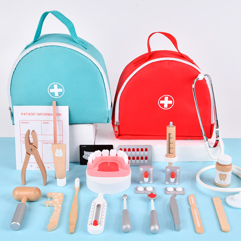 Trousse de docteur en bois pour enfants avec sac médical, kit de premiers secours rouge