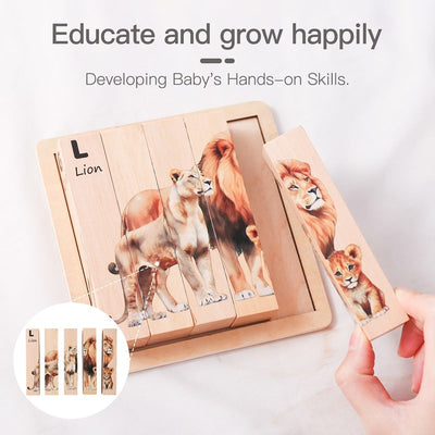 Wooden Jungle Puzzle Blocks 4 Rotatable sides With Tray