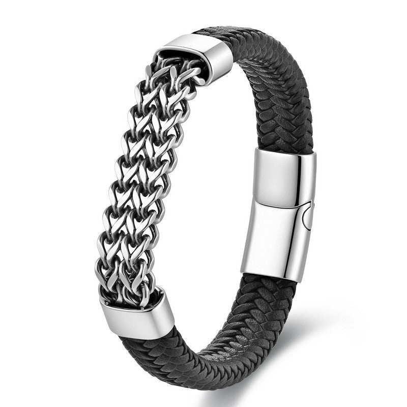Buddha Stones Black Leather Braided Pattern Strength Chain Buckle Bracelet - image 2
