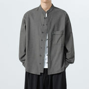 Foviel Fall Minimalist Tang Style Mandarin Collar Patch Pocket Solid Men's Long Sleeve Shirts With Pocket