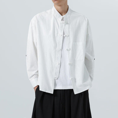 Buddha Stones Spring Fall Tang Style Minimalist Frog Button Mandarin Collar Solid Men's Long Sleeve Shirts With Pocket - image 25