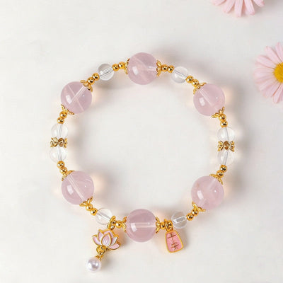 Buddha Stones Natural Rose Quartz Clear Quartz Lotus Charm Love Bracelet - image 14