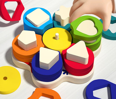 Jeu d'encastrement en bois pour enfants, tri de couleurs et de formes, motif fleur