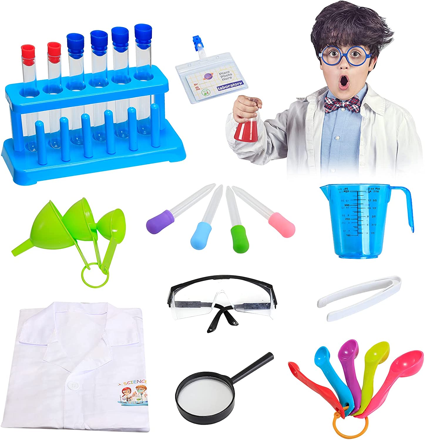 Kit de Juego de Rol de Laboratorio para Niños con Gafas, Bata de Laboratorio y Variedad de Equipo Científico de Juguete para Niños