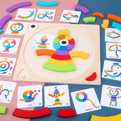 Fidtoy Rainbow Colorful Pattern Puzzle Board with Cards Wooden Montessori Blocks Set for Toddlers Shape Color Matching Toy