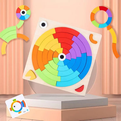 Fidtoy Rainbow Colorful Pattern Puzzle Board with Cards Wooden Montessori Blocks Set for Toddlers Shape Color Matching Toy