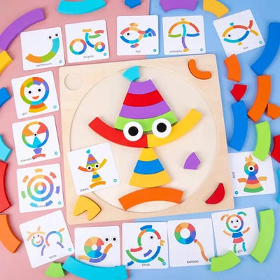 Fidtoy Rainbow Colorful Pattern Puzzle Board with Cards Wooden Montessori Blocks Set for Toddlers Shape Color Matching Toy