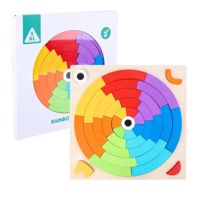 Fidtoy Rainbow Colorful Pattern Puzzle Board with Cards Wooden Montessori Blocks Set for Toddlers Shape Color Matching Toy