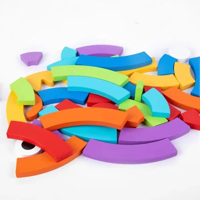 Fidtoy Rainbow Colorful Pattern Puzzle Board with Cards Wooden Montessori Blocks Set for Toddlers Shape Color Matching Toy