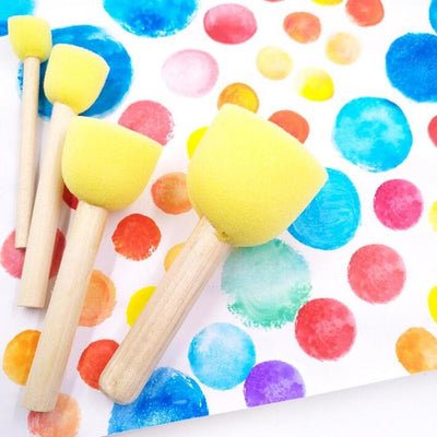 Fidtoy 16-Piece Round Sponge Brush Set for Kids Ages 3+, Wooden Handle Sponge Painting Stampers with 4 Sizes, Yellow Art Brushes for School, Home Painting, Art Studio and Outdoor Doodle Activities