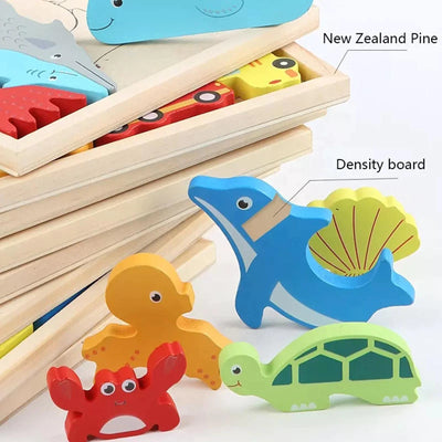 Puzle de Madera de Animales Marinos para Niños, Puzle de Bloques de Animales Cuadrado
