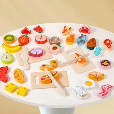 Fidtoy Wooden Cutting Food Play Set for Kids | Montessori Pretend Play & Fine Motor Skills
