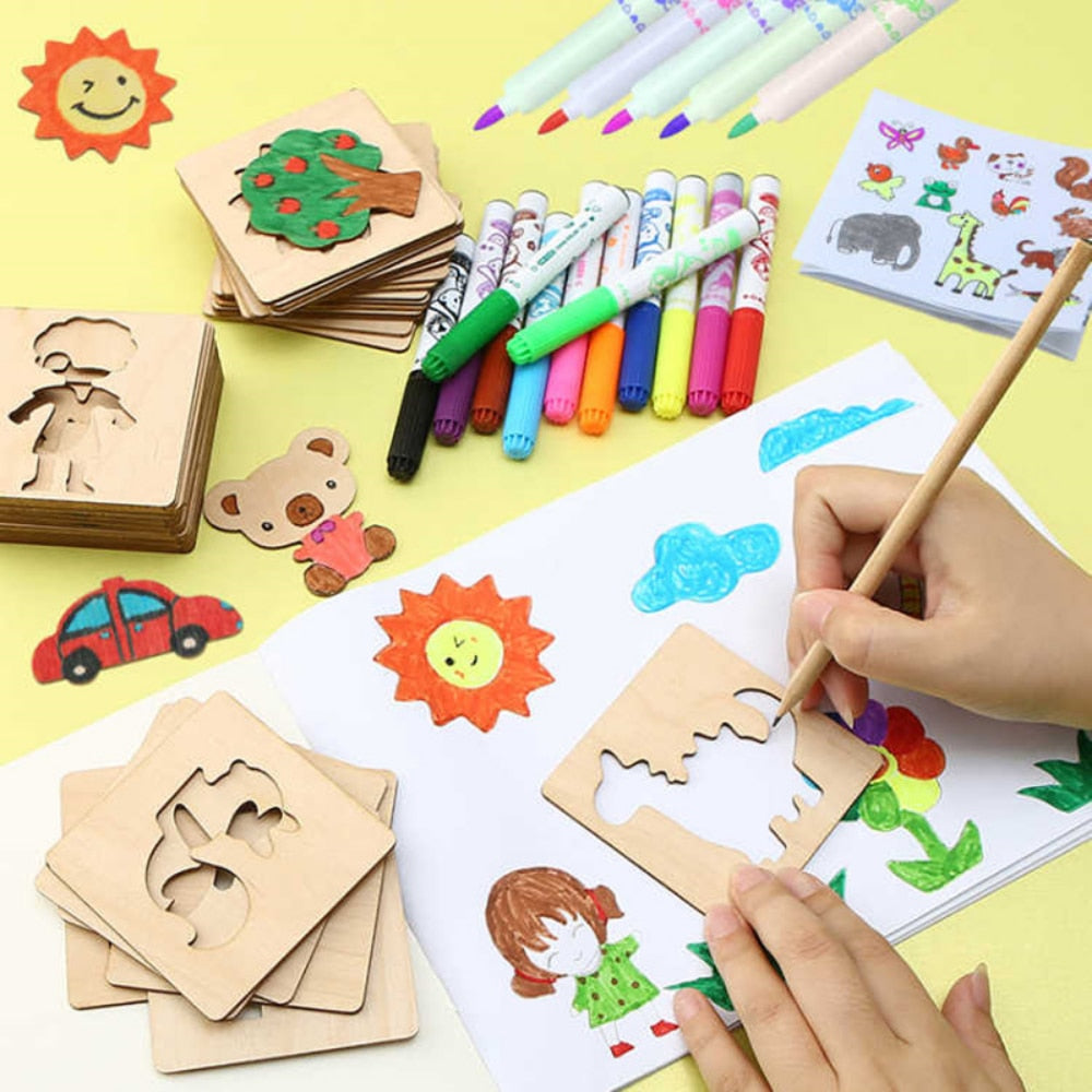 Fidtoy Wooden DIY Drawing Templates Montessori Art Toy Set(20 Pcs)