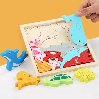 Puzle de Madera de Animales Marinos para Niños, Puzle de Bloques de Animales Cuadrado