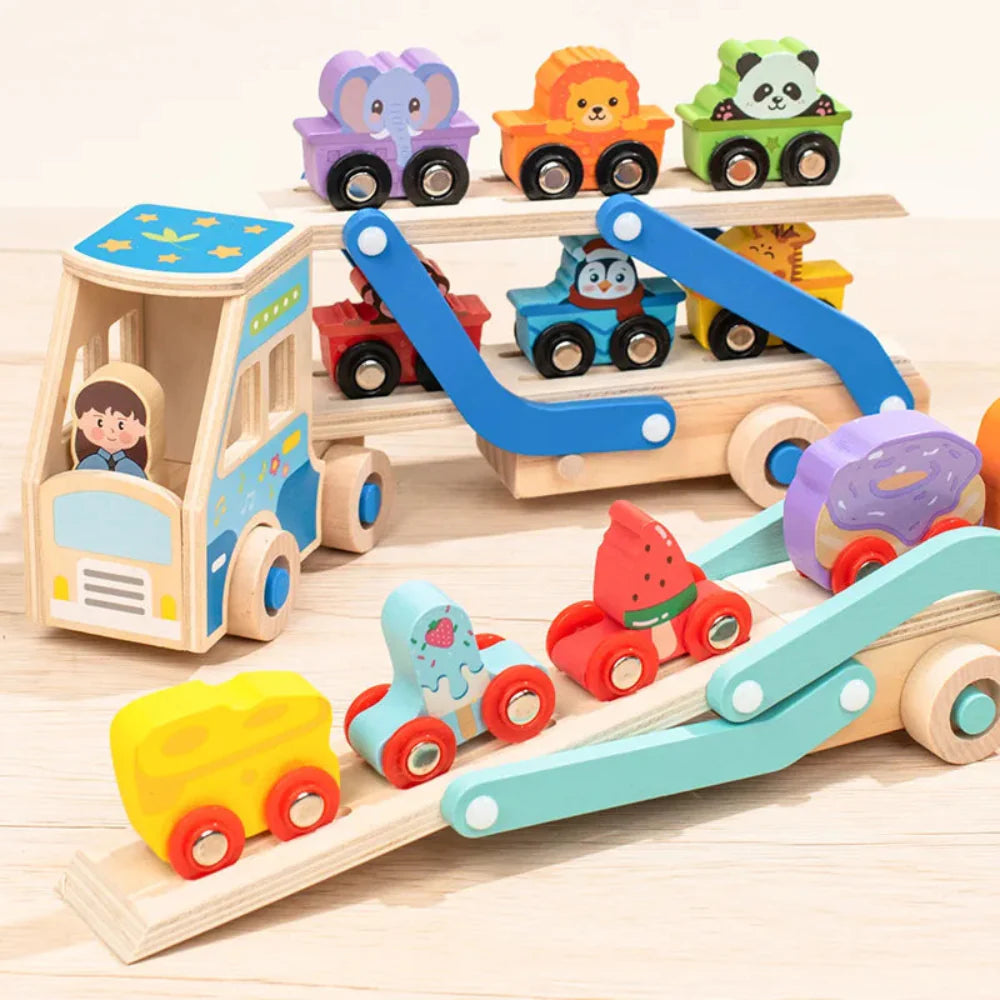 Fidtoy Jouet Camion de Dépannage en Bois pour Tout-Petits, Jouet d'Apprentissage Montessori avec Blocs d'Animaux pour la Motricité Fine et la Créativité